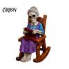 Durable Resin Skeleton Ornament Halloween Figurine, Sitting On Rocking Chair Statue, Drinking Hand Carved Coffee Crocheting Reading Tabletop