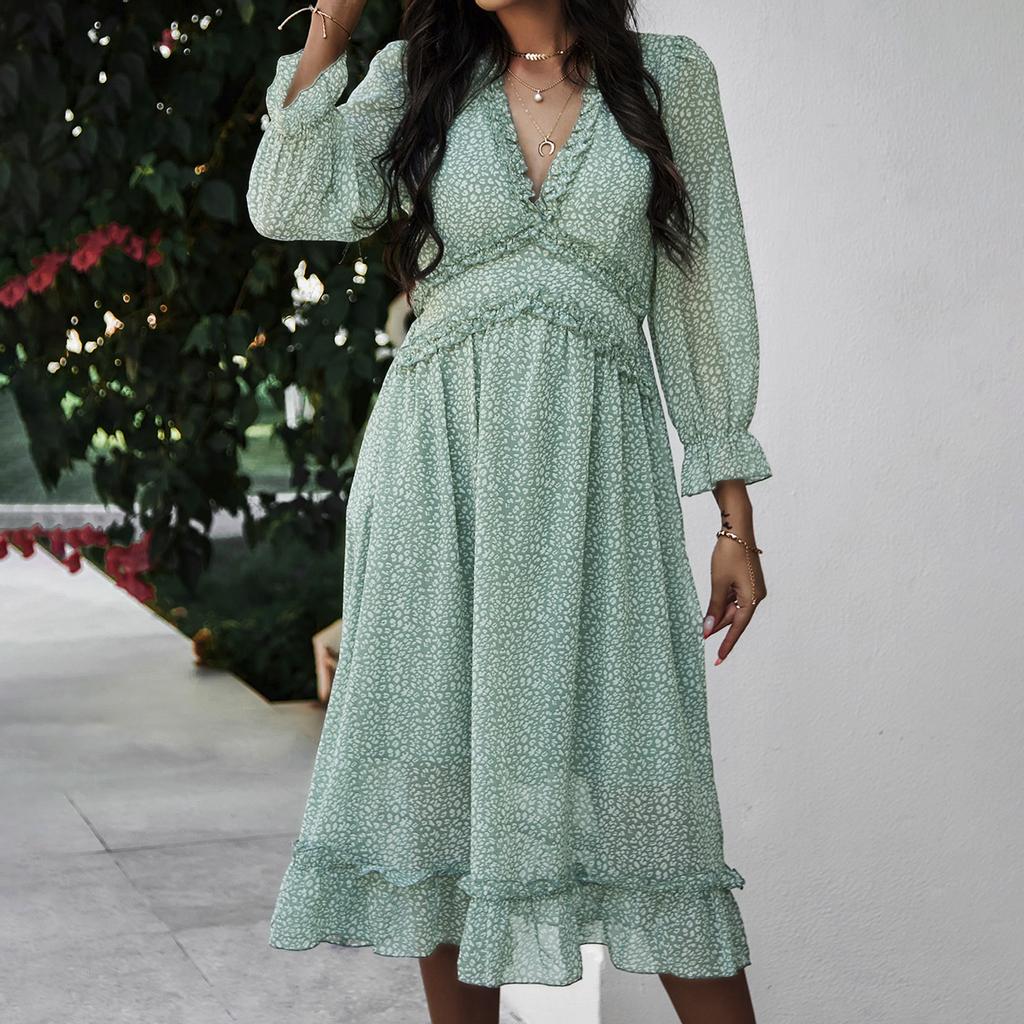 Damemote Langermet V-hals skjørt Plissert Kne-lengde Print Dress