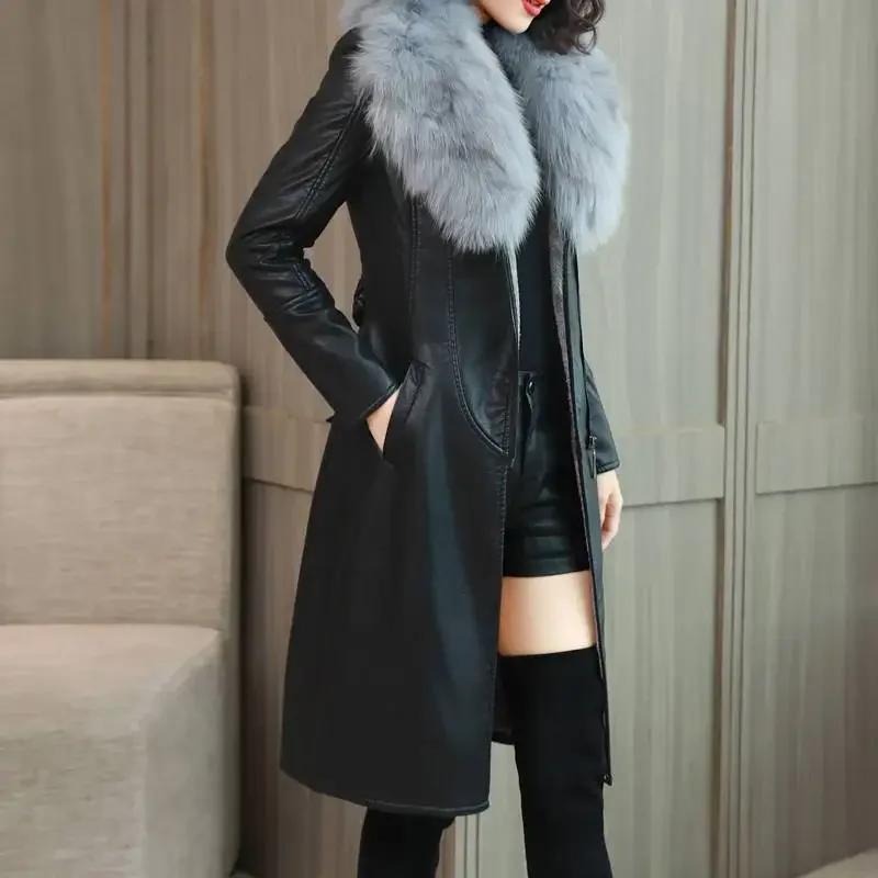 Large Fur Collar Winter Leather Jacket Women Plush Thickened Mid Length Korean Slimming Waist Closing Leather Jacket