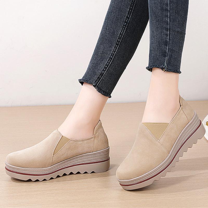 Rutschfeste Damen Plateau Schuhe Mode Kuhveloursleder Keilabsätze Slipper Loafer Freizeitschuhe