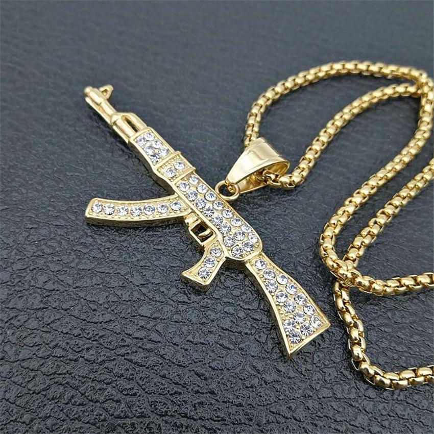 Hip Hop Iced Out Bling AK47 Pistolenanhänger Mit Kette Goldfarbe Edelstahl Militärisches Halsketten für Männer Frauen Schmuck Geschenk