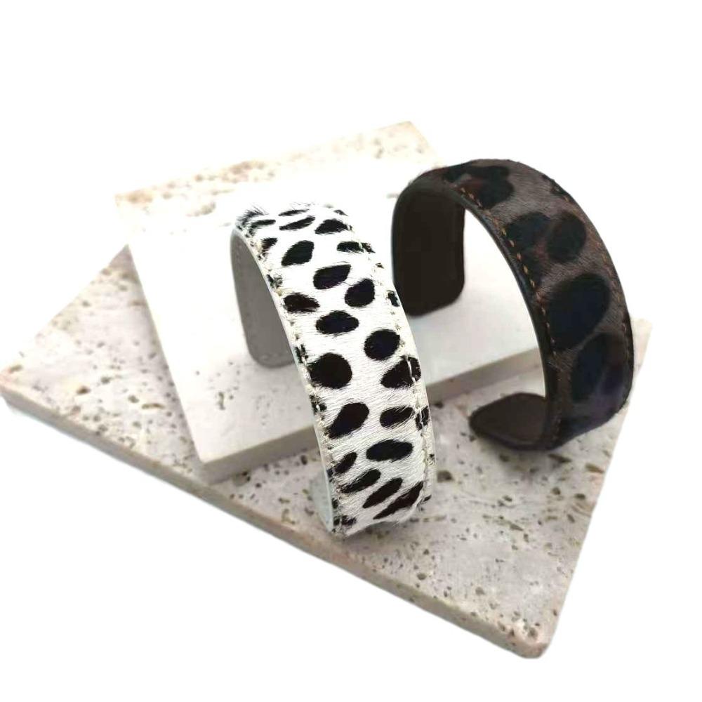 Furry Leopard Print Bangle Stitched C-shaped Open Bracelet Real-leather Horsehair Bracelet  Gift