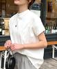 loose summer mock neck crew [Kobe Lettuce] Women's T-shirt, short-sleeved top, fit, flattering, T-shirt [C4819] M, neck, ecru/black