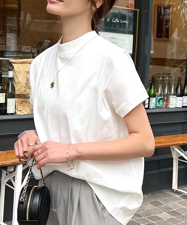 loose summer mock neck crew [Kobe Lettuce] Women's T-shirt, short-sleeved top, fit, flattering, T-shirt [C4819] M, neck, ecru/black