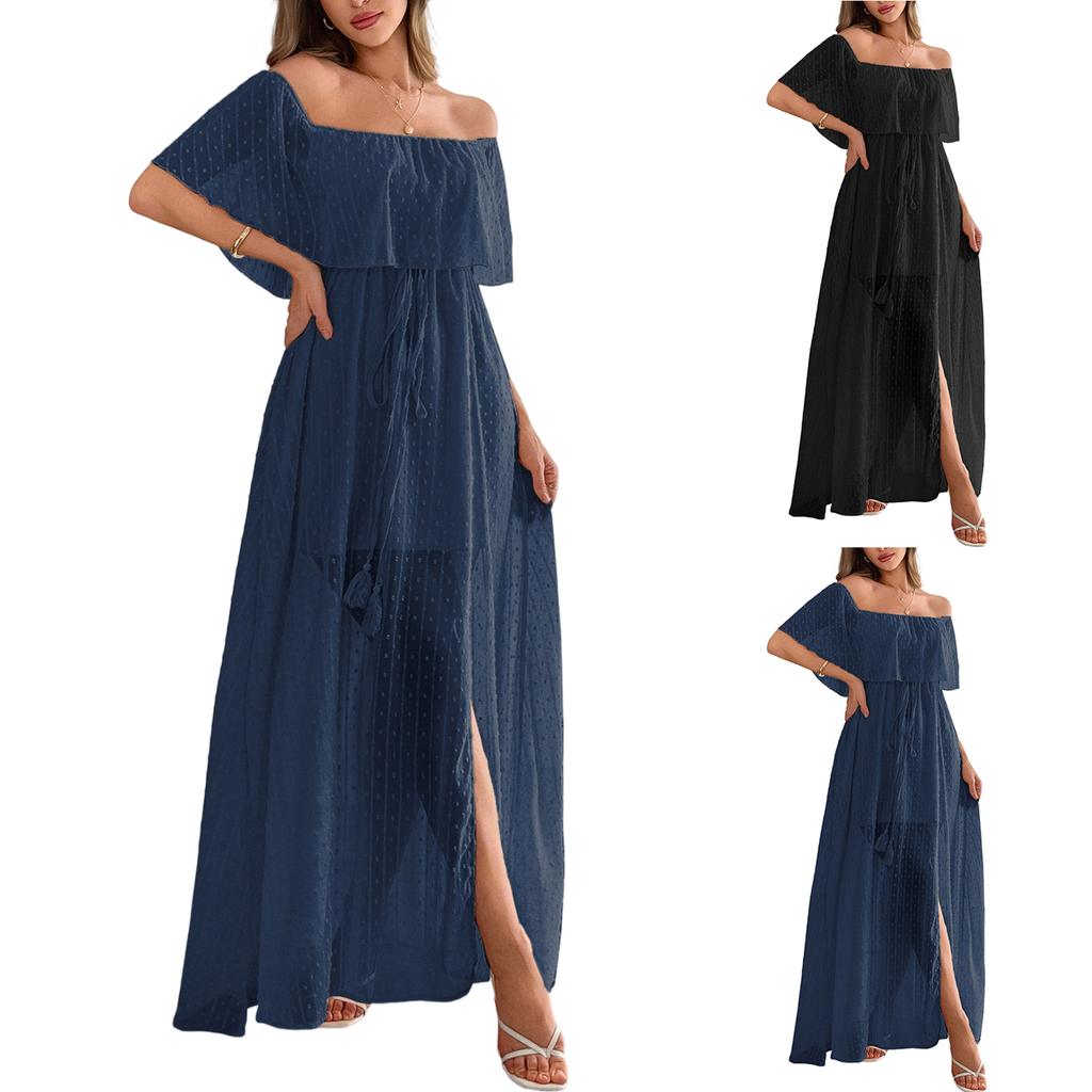 Women Off Shoulder Bohemian Maxi Dress Short Sleeve Solid Color Casual Loose Fit Long Dress with Slit for Summer Beachwear