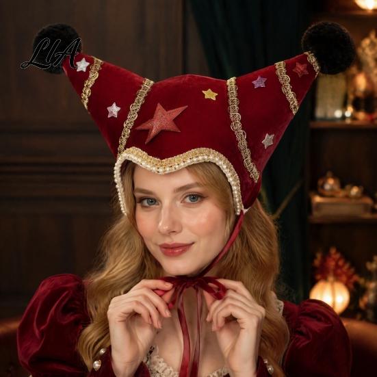 Holiday Photo Booth Decorations Christmas Jester Hat, Velvet Star Clown Hat with Gold Trim Pom Retro Style Performance Headpiece Poms, Adjustable Tie,