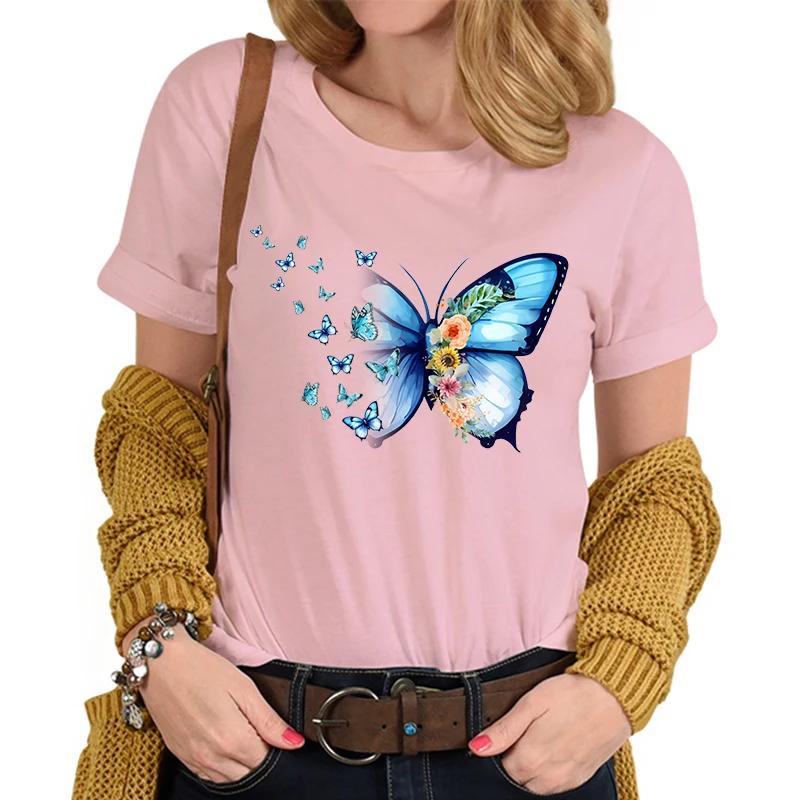 Flower Butterfly Lover Casual Tops Vintage Flower Design Tshirt Female Butterfly Print Premium Casual Short Sleeve TShirt Women