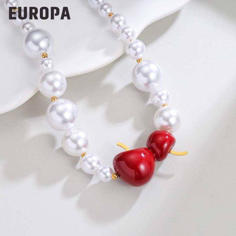 Sweet Cherry Pearl Necklace and Earrings Set: Cute Autumn/Winter Jewelry in Titanium Steel
