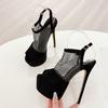 Runway Fashion Peep Toe 17CM Stiletto Shoes Women Sexy Crystal Rhinestone Mesh Ladies Platform High Heels Sandals Black