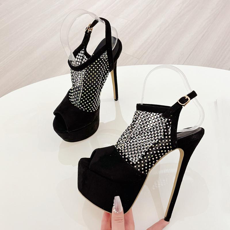 Runway Fashion Peep Toe 17CM Stiletto Shoes Women Sexy Crystal Rhinestone Mesh Ladies Platform High Heels Sandals Black