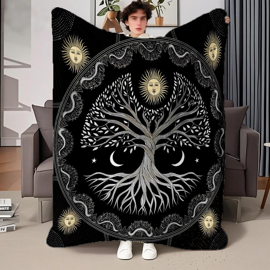 130cm×150cm Flannel Throw Blankets Boho Chic Golden Tree of Life Antique Blankets Lightweight Luxury Blanket,Couch Bed