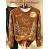 Women's elegant long sleeves, Christmas starry sky, elk and snowflake print, round neck bottoming shirt, perfect for daily commuting