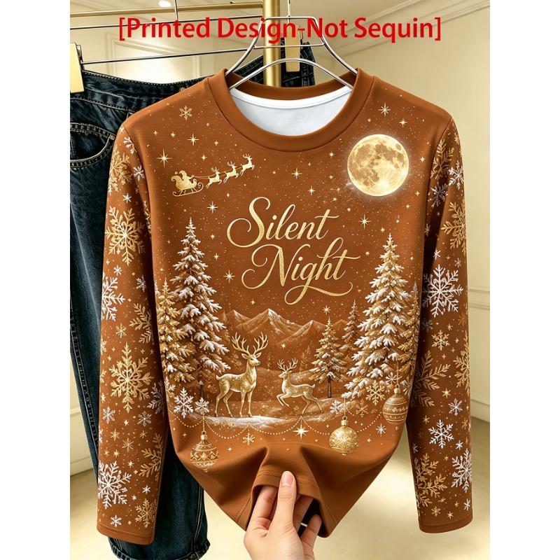 Women's elegant long sleeves, Christmas starry sky, elk and snowflake print, round neck bottoming shirt, perfect for daily commuting