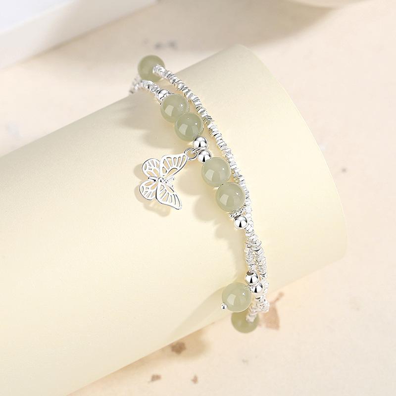 Tichiya Silver Butterfly Double-Layer S925 Sterling Jade Bracelet - Light Luxury Chinese Style Accessories for Women