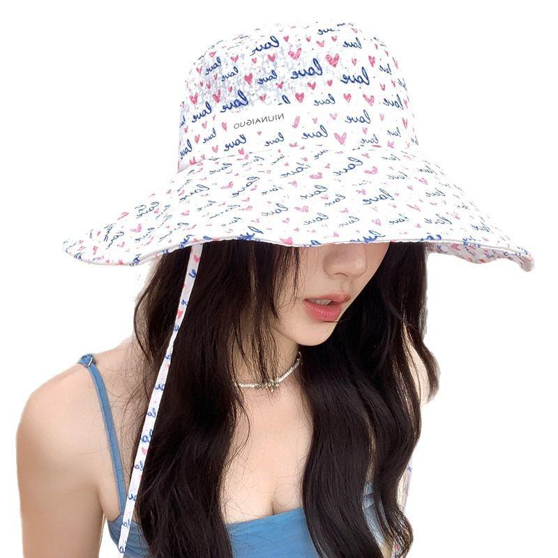 Spring and Summer Love Love Big Brim Bucket Hat Women's Seaside Vacation Travel Sunscreen Sunshade Sun Hat Basin Hat