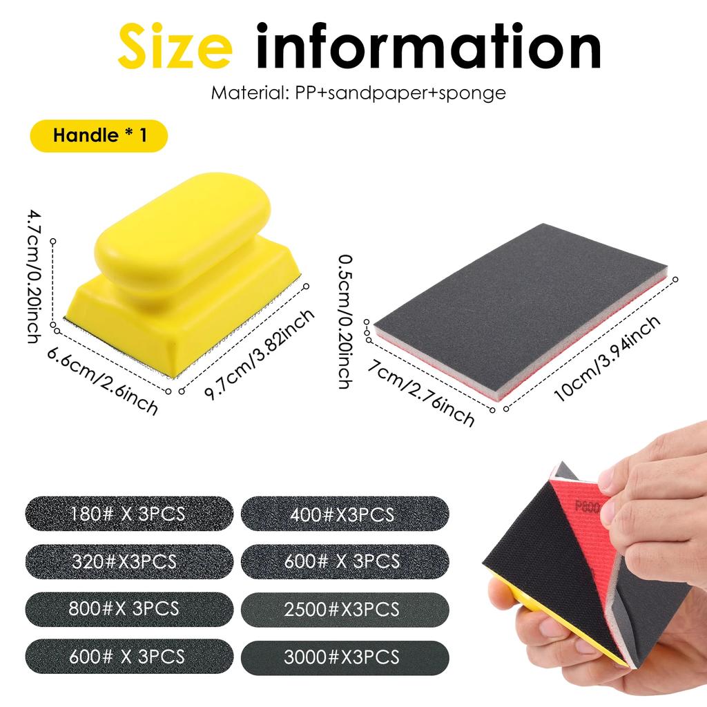 24Pcs Sanding Sponge Assortment Set Multi Grit Reusable Soft Foam Polishing Sanding Pad with Handle Dry Wet Use for Woodworking