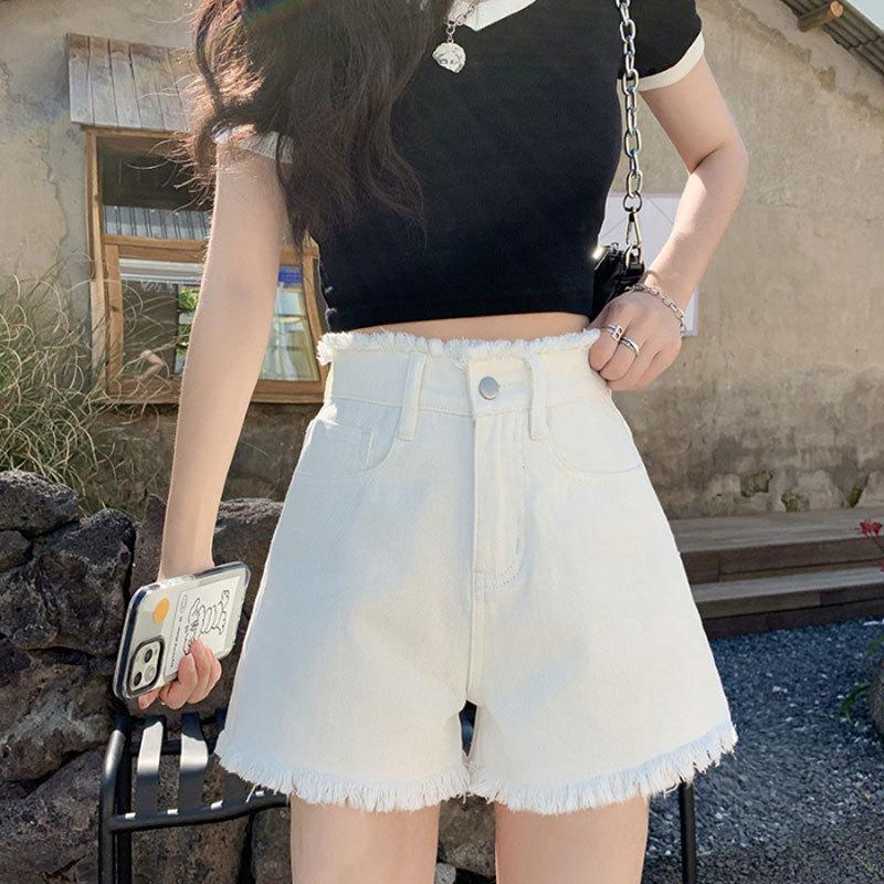 Women's High Waist Denim Shorts - Casual, Versatile, Slimming, Frayed A-line, Trendy Summer Wide Leg Hot Pants