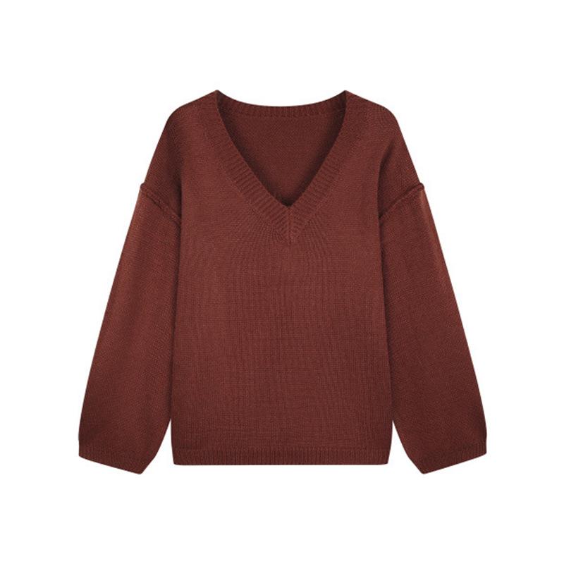 Autumn Winter 2025 Women s V-Neck Loose Pullover Sweater - European & American Style, Plus Size Knitwear 3XL коричневый/красный