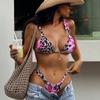 New European and American Leopard Print Flower Splicing Bikini Sexy Triangle Cup Halter Lace-up Split Swimsuit Bikini