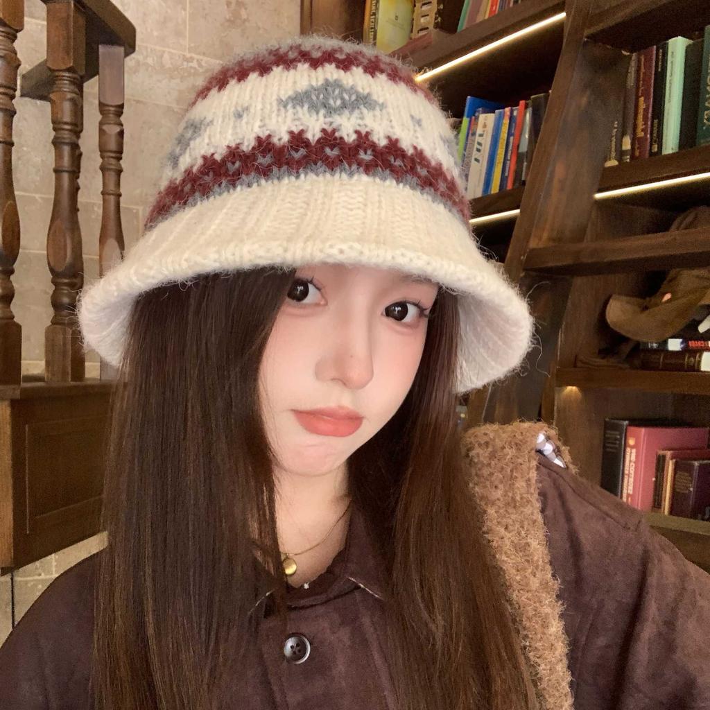 Dongdaemun Atmosphere Retro Jacquard Nordic Warm Dome Wool Knitted Wool Cold Hat Men and Women