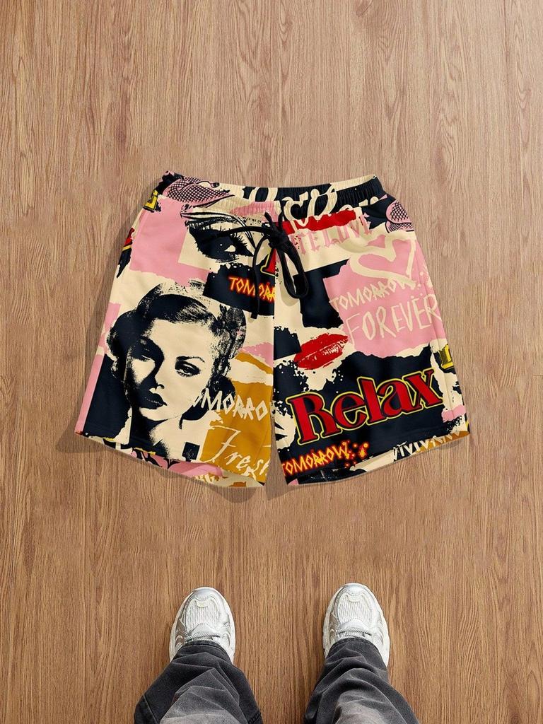 Men Gothic Angel Graffiti 3D Print Mesh Beach Shorts Elastic Drawstring Loose Straight Casual Summer Board Shorts