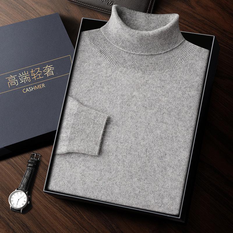 Men's High Neck Cashmere Sweater - Solid Color, Long Sleeve Knitwear for Casual and Business Wear