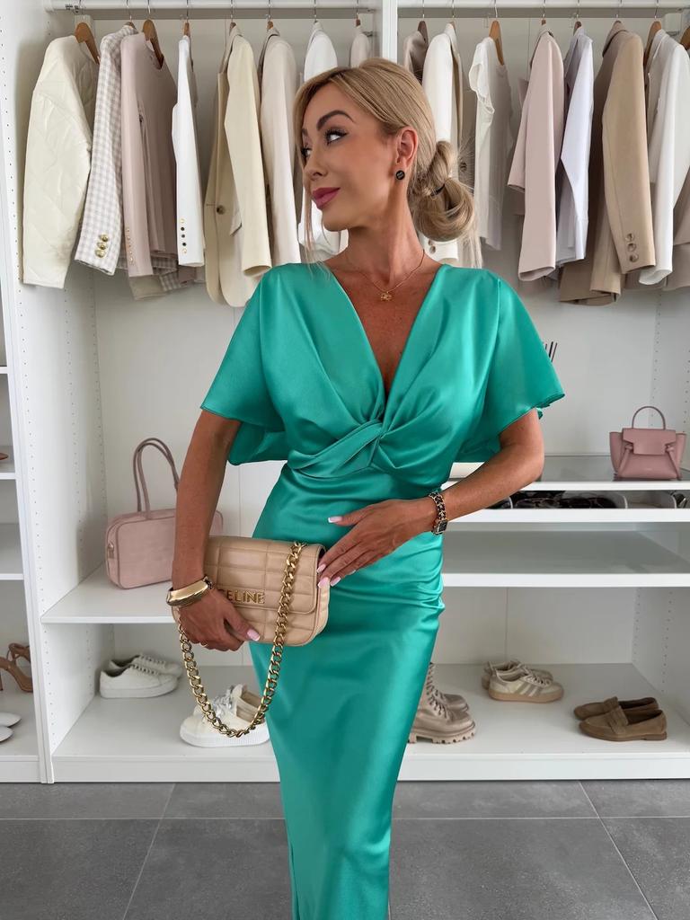 European and American spring and summer new satin twisted chest bat sleeve dress INS loose vacation dress women