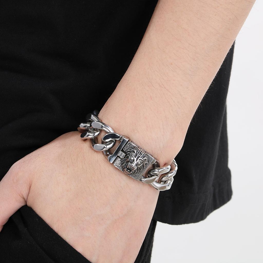Stainless Steel Lion Charm Bracelet Men With Shiny Curb Chain Jewelry for Male Street Rock Jewelry