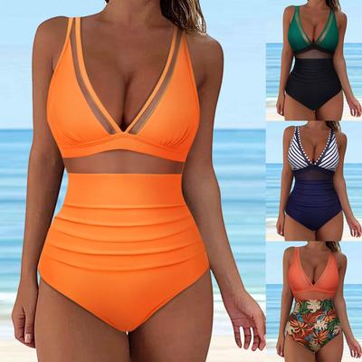 Costum de baie sexy din plasă cu control pentru femei, decolteu adânc în V, push-up, talie înaltă, costum de baie cu petice în dungi, îmbrăcăminte de plajă, costum de baie dintr-o bucată