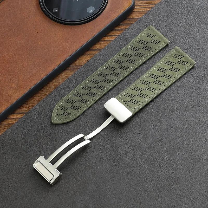 Breathable Microporous Full-leather Crazy Horse Pattern Magnetic Buckle Strap for HUAWEI GT3/4 Samsung WATCH Strap