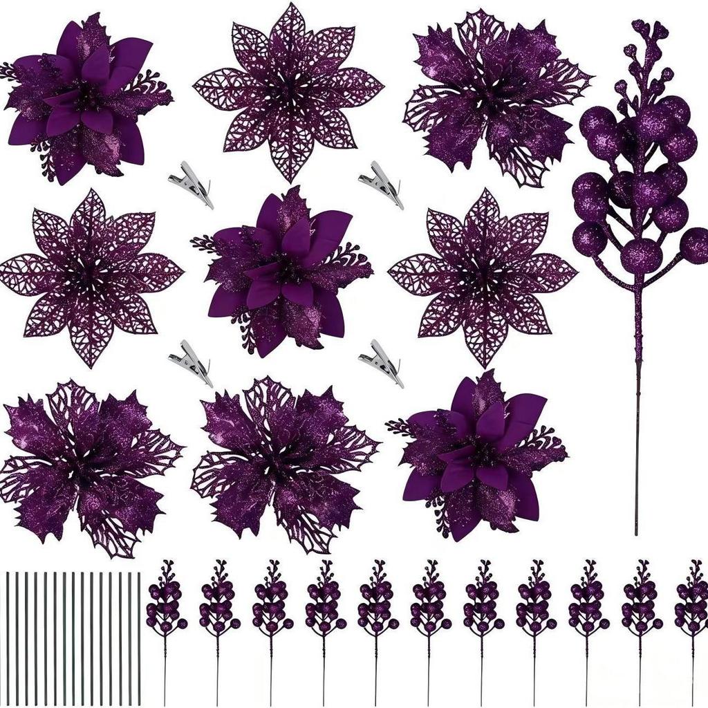Christmas Handmade Gold & Silver Flower Ornaments with Gold Powder Fruit - Artificial Holiday Decoration Set