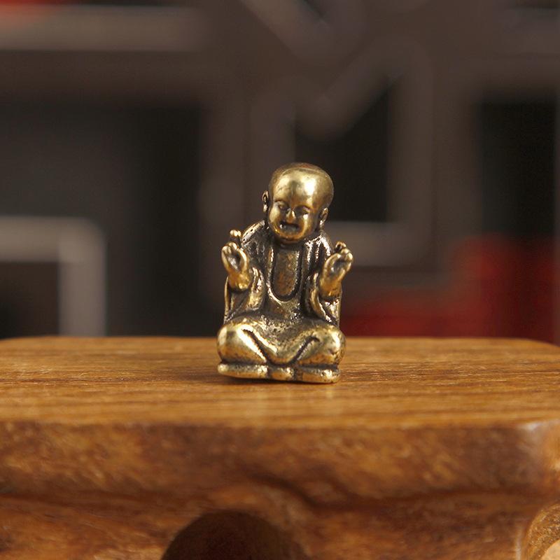 Vintage Mini Brass Zen Monk Statue Collectible Tea Pet for Office Desk Yoga Room Meditation Decor