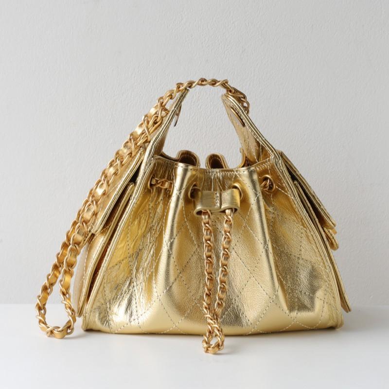 Bolsa de Corrente Rombos Acolchoada Vintage Feminina Couro Genuíno Hobo Ombro Tamanho Médio Dourada