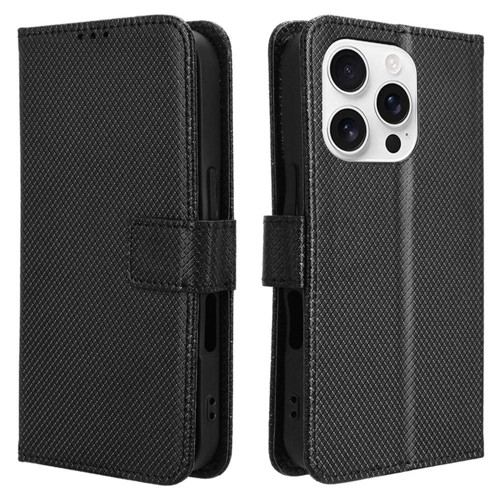 For iPhone 16 Pro Case PU Leather Diamond Texture Wallet Phone Cover B