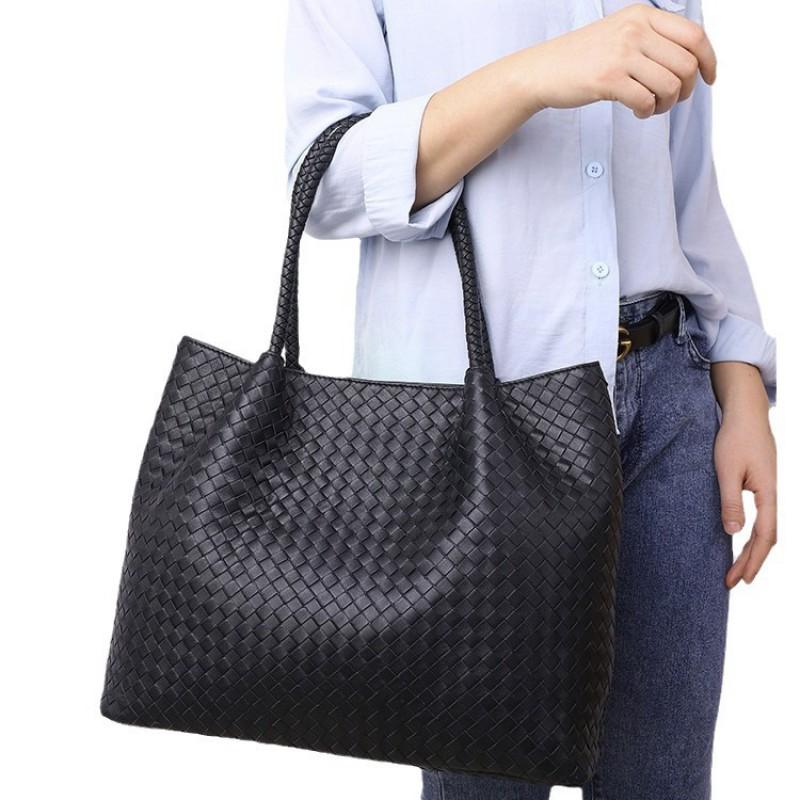 Womens Genuine Leather Shoulder Bag Handwoven Bucket Style With Dual Straps Multi-Compartment Interior