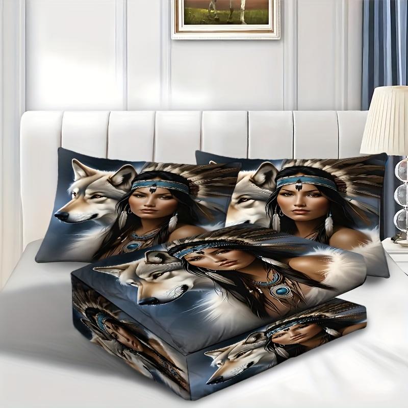 Wolf Feather Design Showcase the Dynamic Wildness Natural Elements Combined Theme Pattern Bedding Set 3D Print Duvet Cover Set