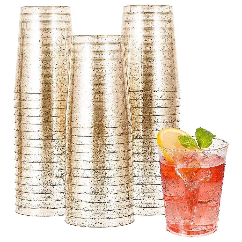 20Pcs Gold Glitter Plastic Cups, 9Oz Disposable Cups Clear Tumblers, Drinking Cups for Wedding, Anniversary, Shower & Parties 20pcs