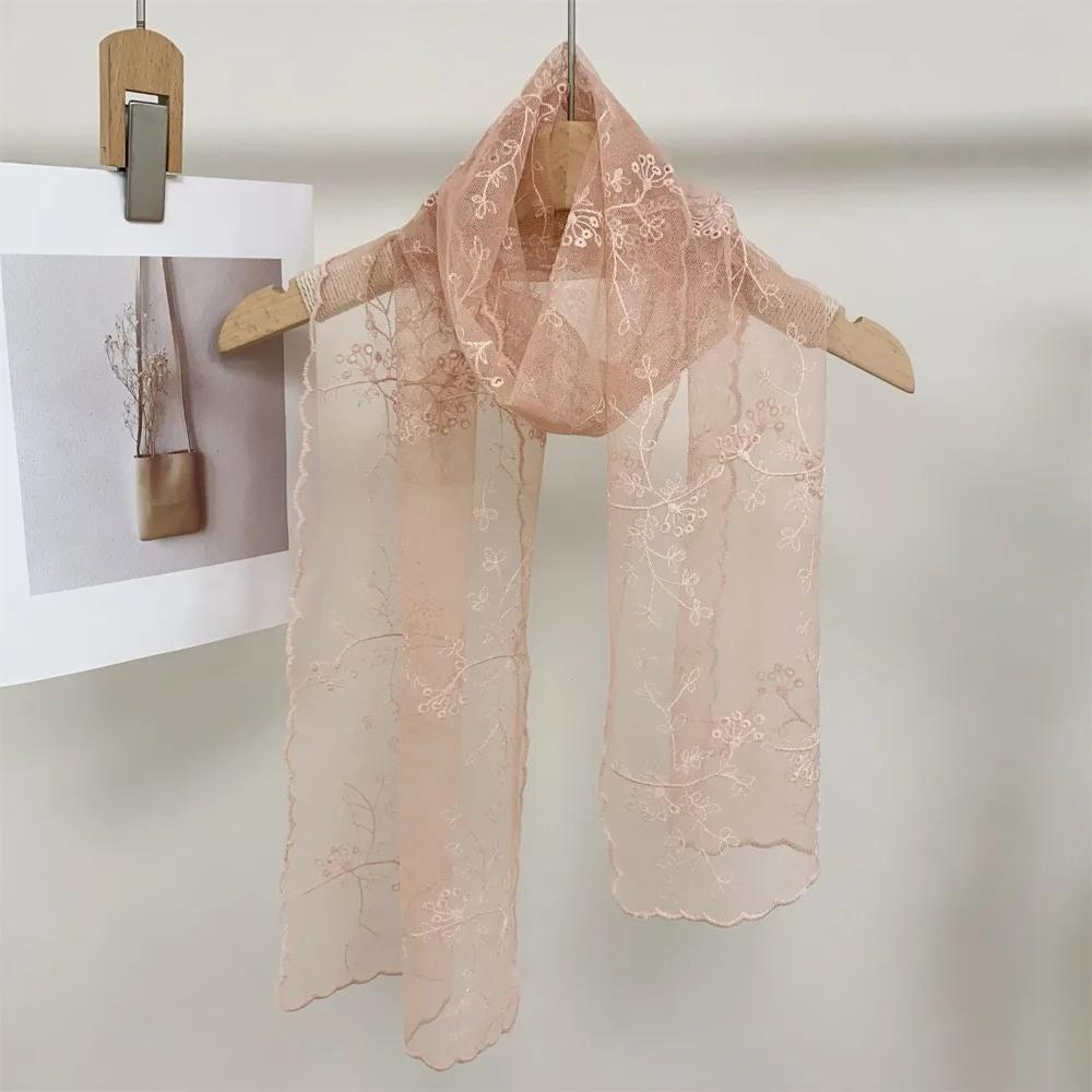 Literary Retro Women'S Lace Scarf Long Embroidered Flower Sunscreen Shawl Korean Version Female Headscarf