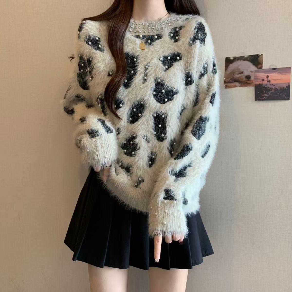 

Autumn Winter Women s Mink Fleece Sweater Beaded Color Block Crew Neck Pullover Sweater Soft Warm Knit Top S