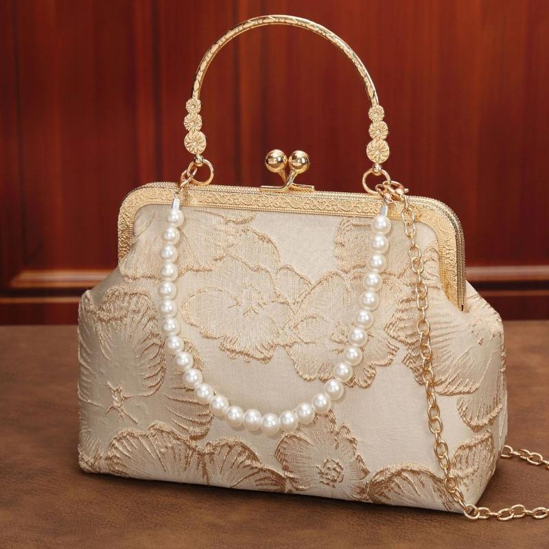 Cheongsam bag temperament elegant dinner clip bag solemn portable mouth gold bag pearl bag crossbody