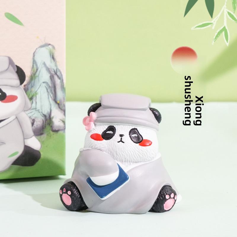 Adorable Resin Wood Carving Panda Figurine. Creative and Exquisite Panda Decorative Item for The Desktop. Cultural and Creative Product.