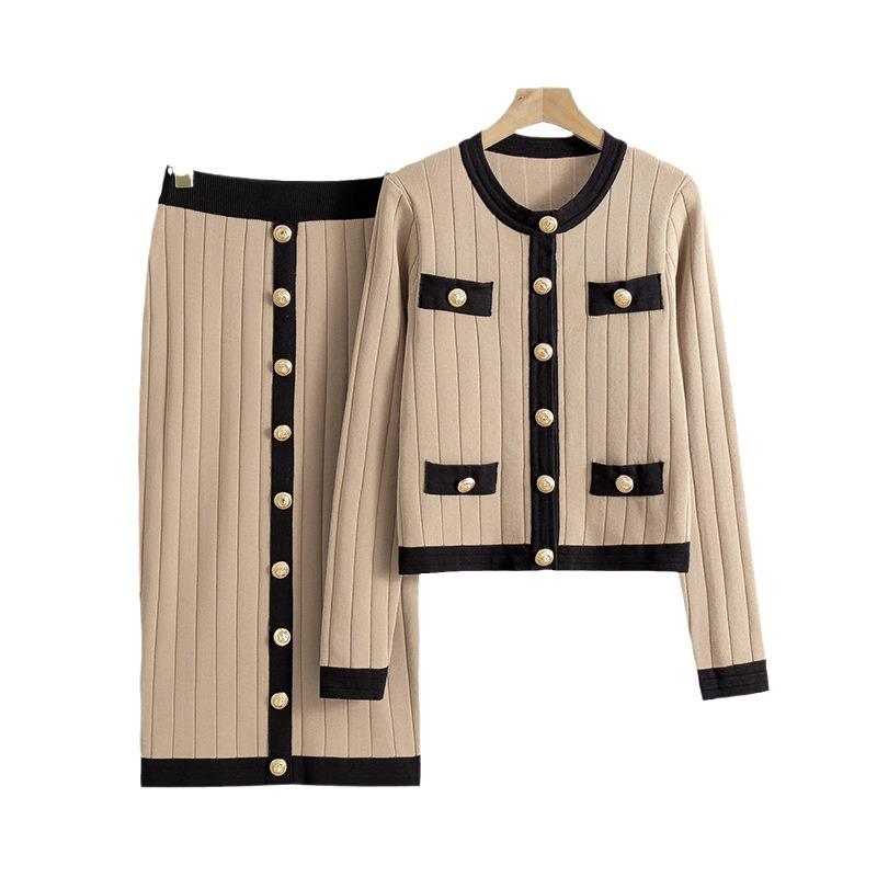 Elegantní francouzská společenská midi sukně a pletený kardigan dvoudílný set pro ženy - Podzimní/zimní kolekce