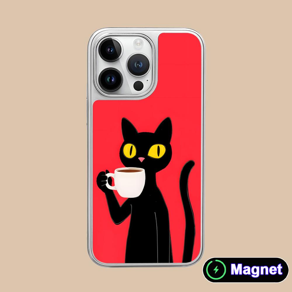 Cute Coffee Cat Silver Plating Magsafe Mobile Phone Case for iPhone 17 16 15 14 13 12 11 Air Pro Max Plus Colorful Cover
