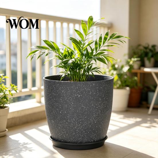 Durable Resin Planters for Garden Modern Plant Pot with Saucer, Gray Flower Indoor Plants Drainage Holes, Stone-Look Planter Outdoor Decorative
