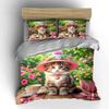 Cute Kitten With Pink Hat Bedding Set For Kids Luxury Gift 3Pcs Digital Print Comforter Set Soft Comfortable Breathable