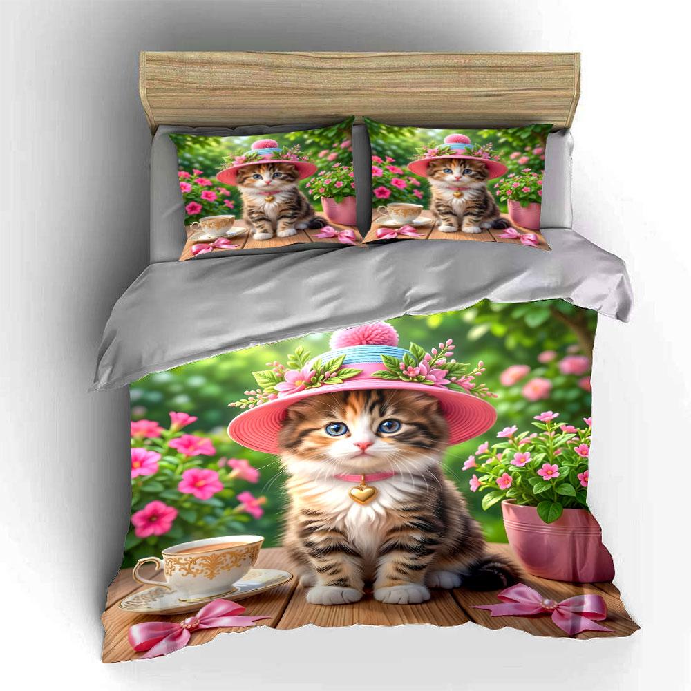 Cute Kitten With Pink Hat Bedding Set For Kids Luxury Gift 3Pcs Digital Print Comforter Set Soft Comfortable Breathable