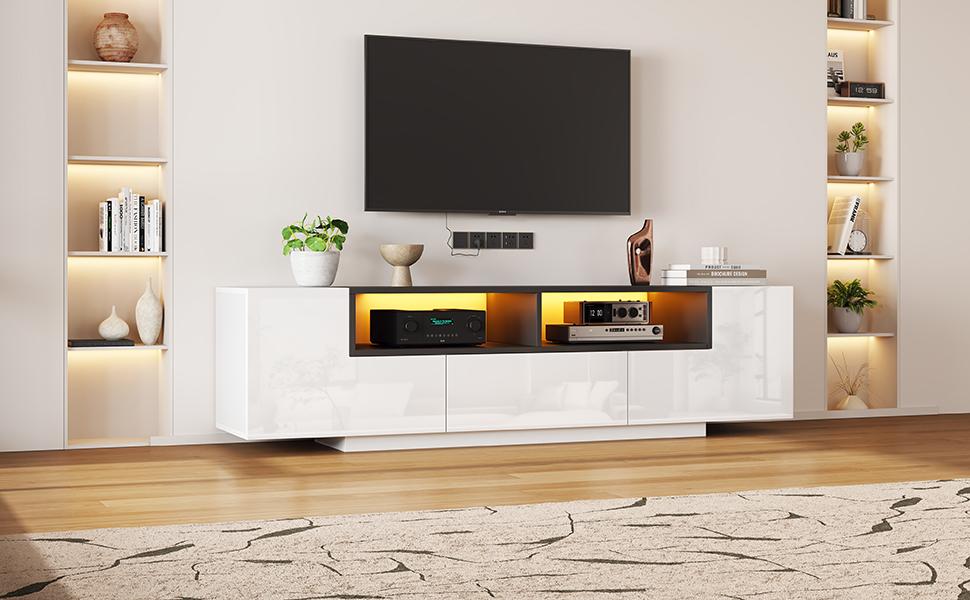 Freistehender TV-Schrank mit LED-Beleuchtung, L-Form und Schubladen, Hochglanz Weiß, Geeignet für 75-Zoll-Fernseher, Weiß+Schwarz, 180*40*48cm