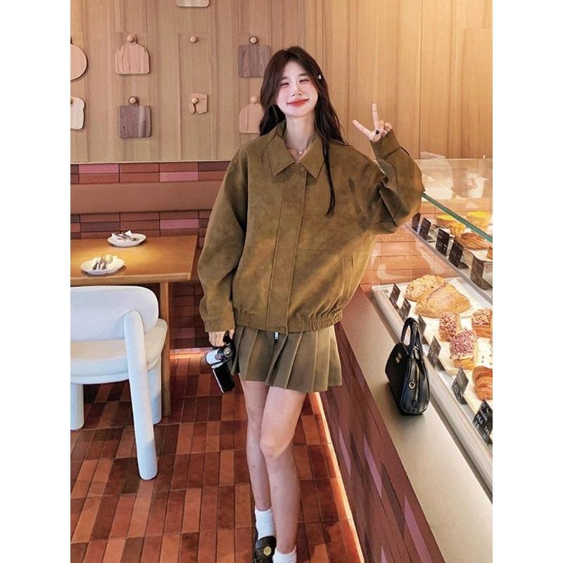 Women S Vintage Suede Jacket Loose Fit Lapel Casual Moto Coat