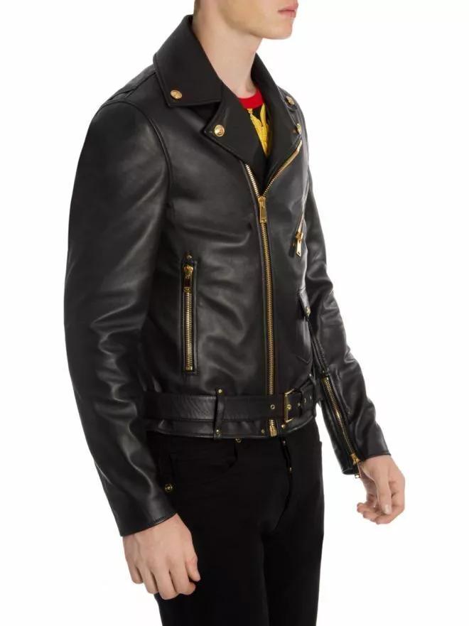 Äkta lammskinnsläder Handgjord Stilfull Casual Biker Motorcykel Ny Herr Svart Jacka