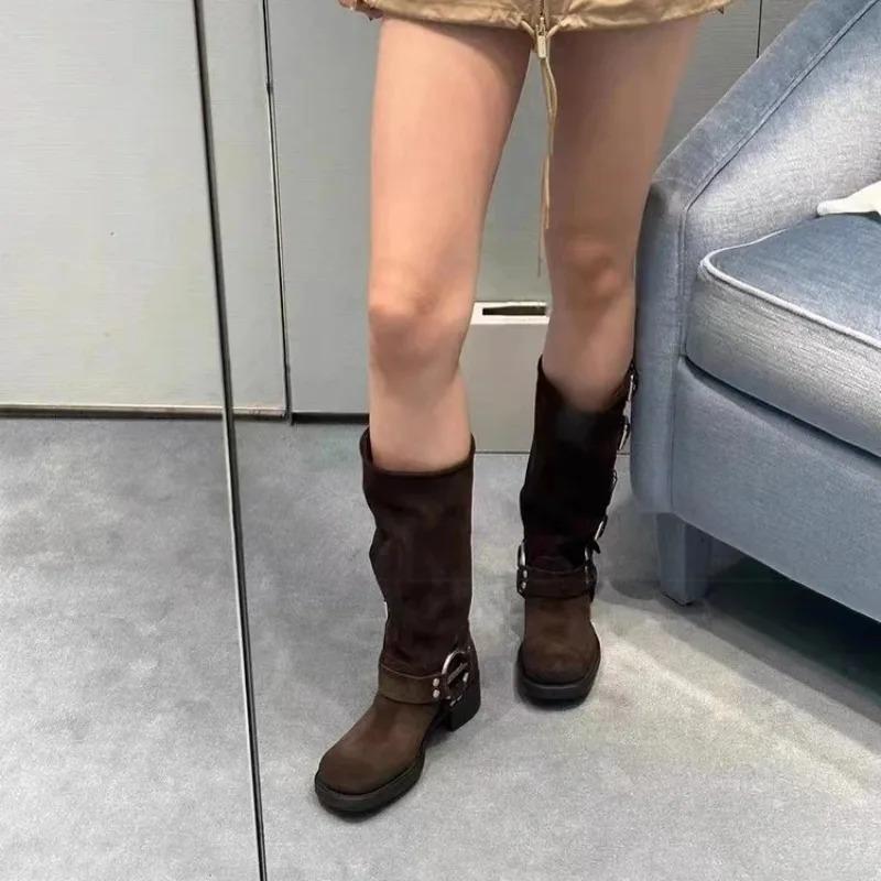 Soleist Luxury Women's Shoes High Quality Chunky Heel Buckle Vintage Motorcycle Boots Knee High Boots for Women Handmade Platform Boots